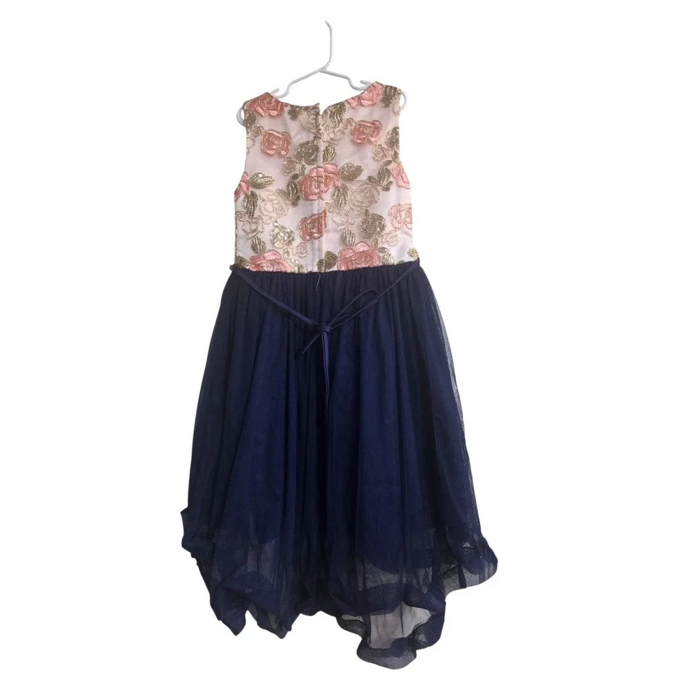 American Princess Girls Pink Gold Sequin Floral Navy Tulle‎ High Low Dress 12